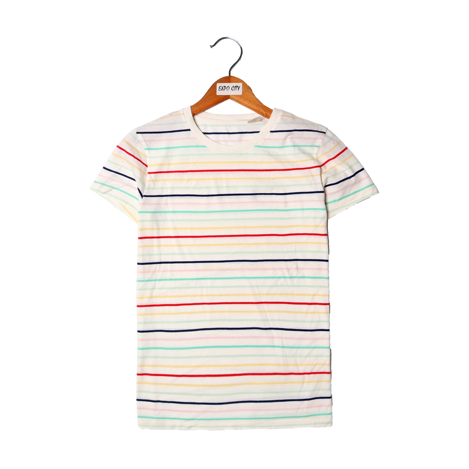 NEW WHITE WITH RED & BLUE THIN STRIPES HALF SLEEVES T-SHIRT FOR GIRLS