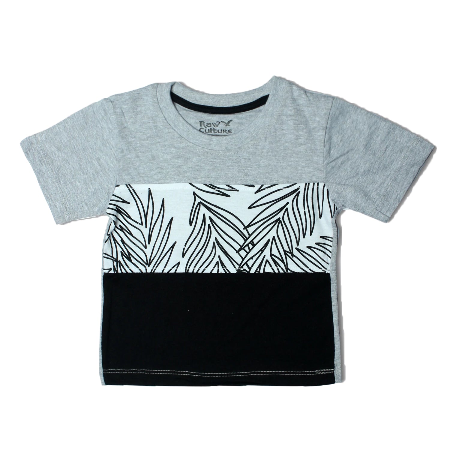 BLACK GREY WHITE WITH LEAF PRINTED HALF SLEEVES T-SHIRT - Expo City