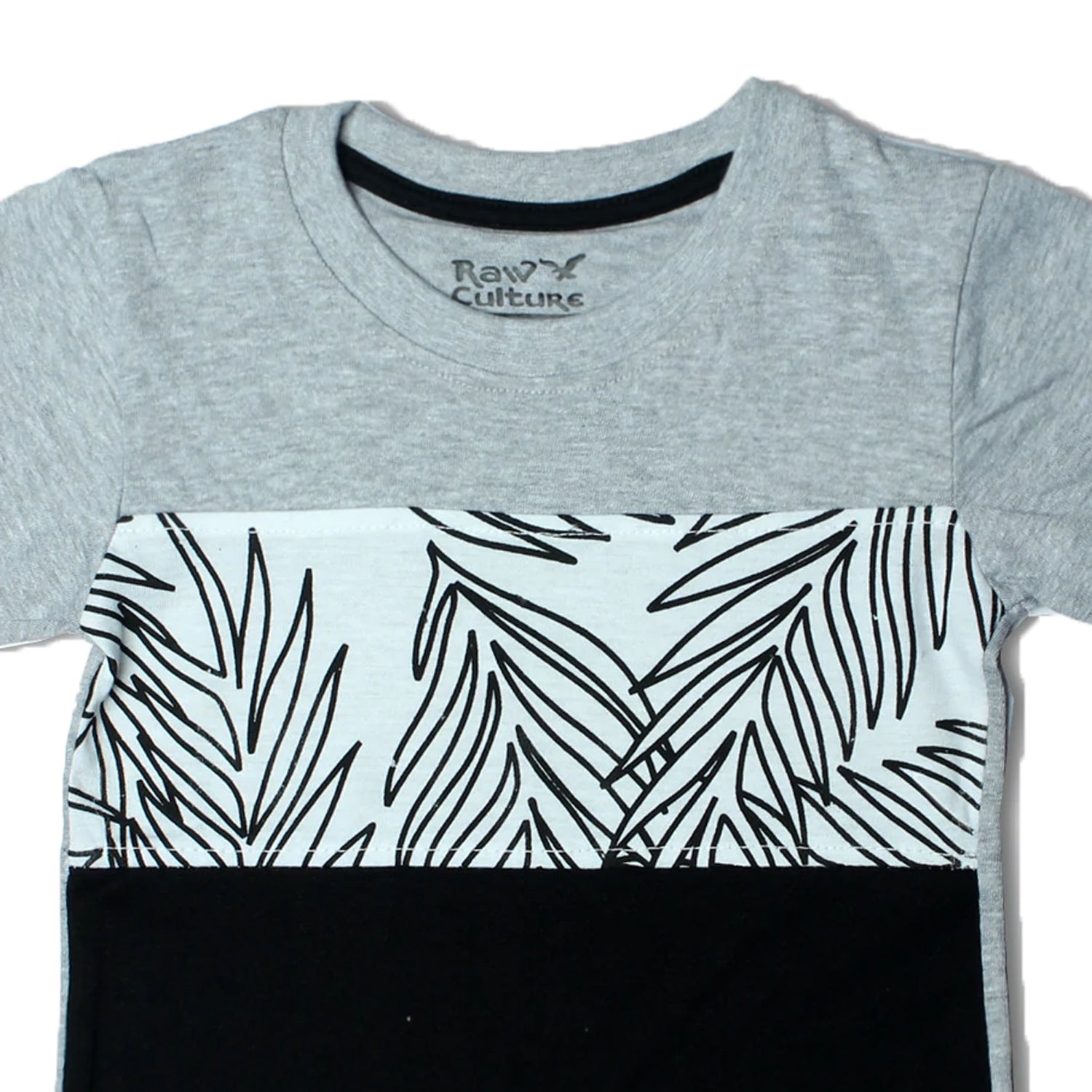 BLACK GREY WHITE WITH LEAF PRINTED HALF SLEEVES T-SHIRT - Expo City