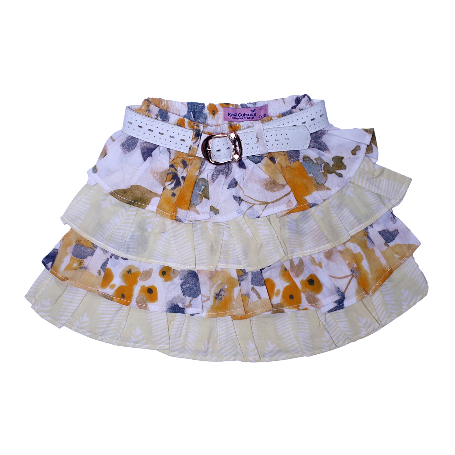 NEW WHITE WITH YELLOW LEAF PRINTED SKIRT FOR GIRLS