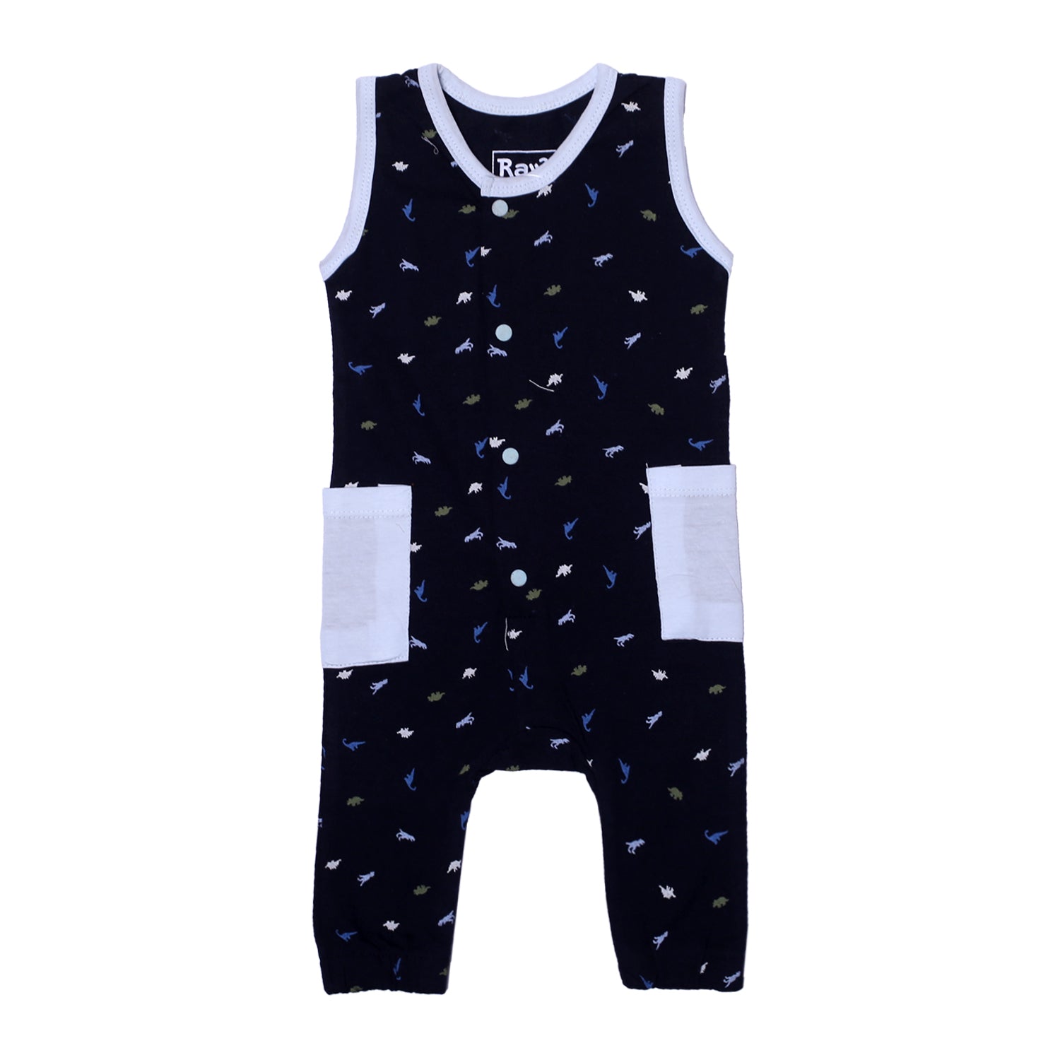 NAVY BLUE FULL BODY SLEEVE LESS DINO PRINTED WITH SKY BLUE POCKETS ROMPER