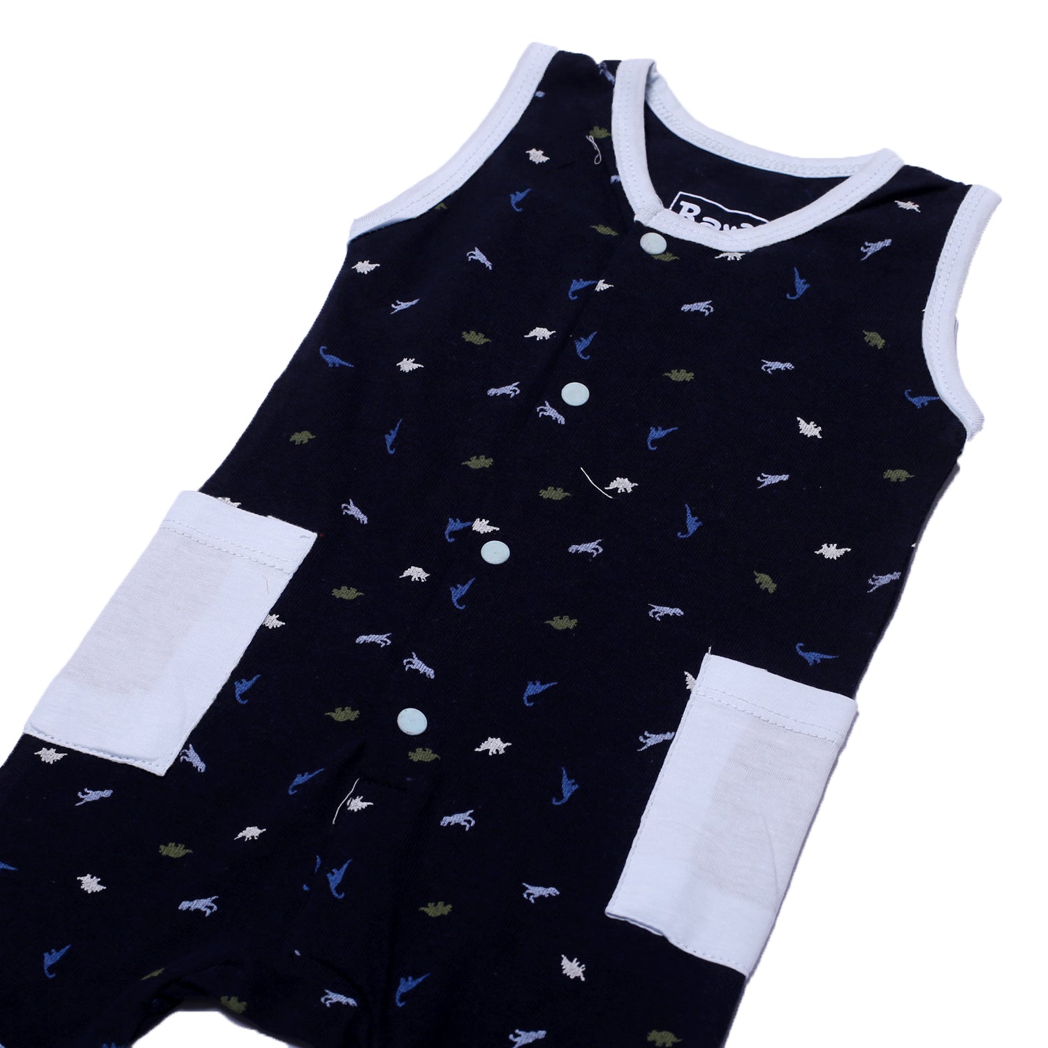 NAVY BLUE FULL BODY SLEEVE LESS DINO PRINTED WITH SKY BLUE POCKETS ROMPER